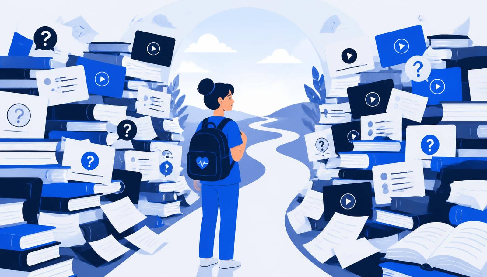 Nursing student with a backpack on a path between stacks of books, notes and videos.