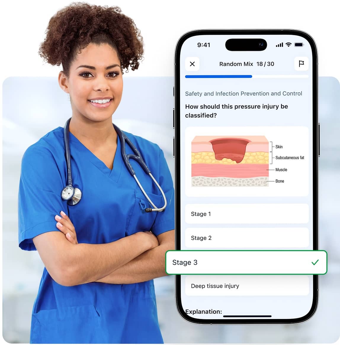 Nurse in blue scrubs next to a phone screen showing an NCLEX-RN practice question
