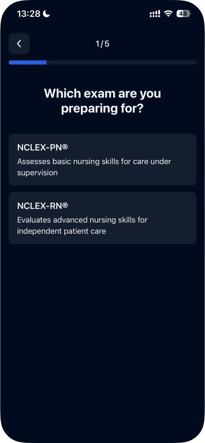 The first setup question, "Which exam are you preparing for?", with the NCLEX-PN and NCLEX-RN cards