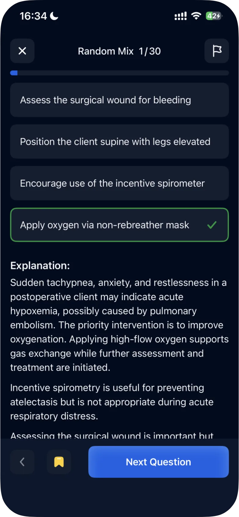 A Random Mix question on iPhone after the answer, with the explanation and the yellow bookmark button next to Next Question