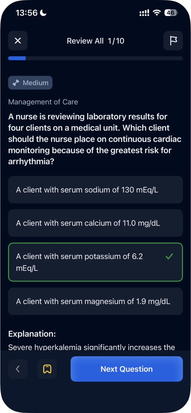 A question opened from the Review tab, with the flag in the top-right corner of the screen