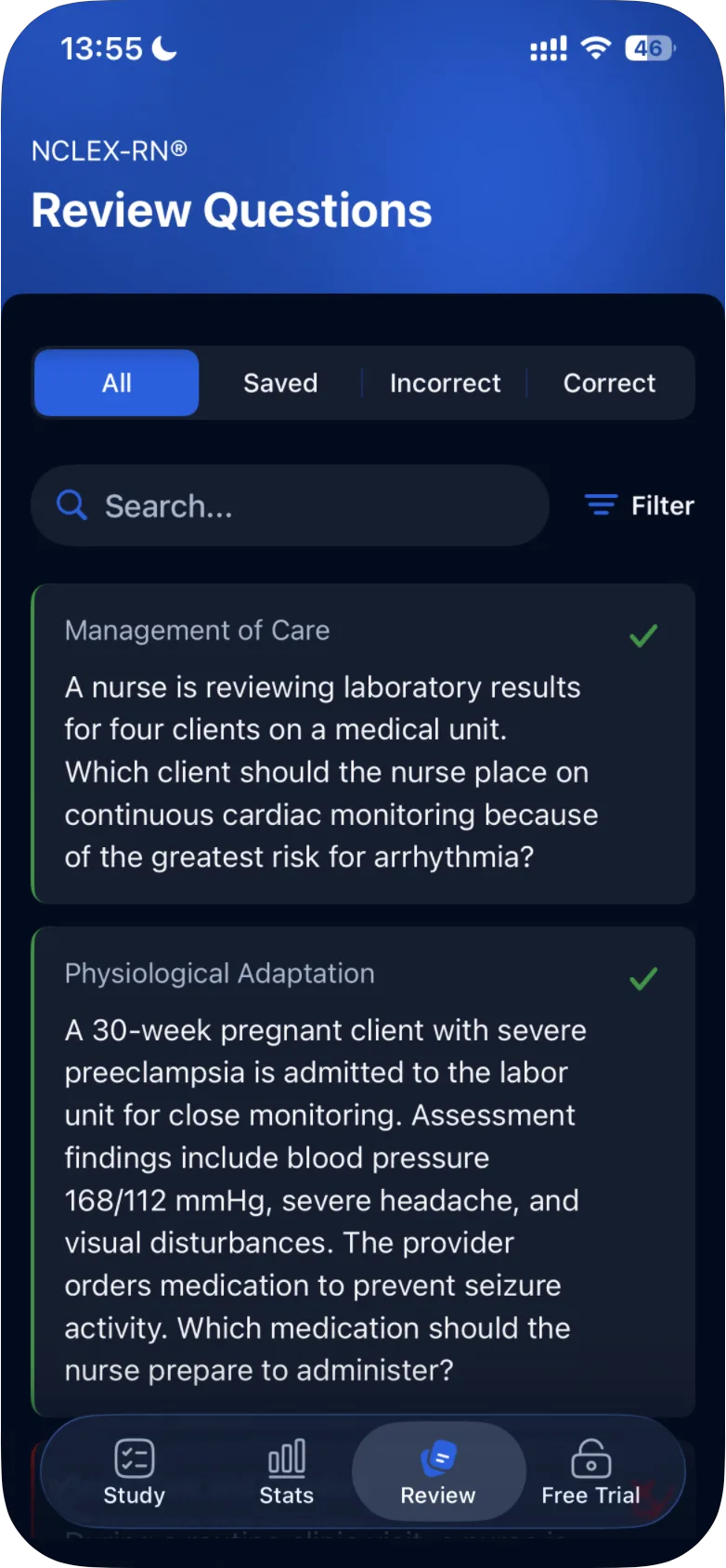 The Review tab on iPhone: the All, Saved, Incorrect and Correct tabs, the search box, Filter, and answered questions with their topics