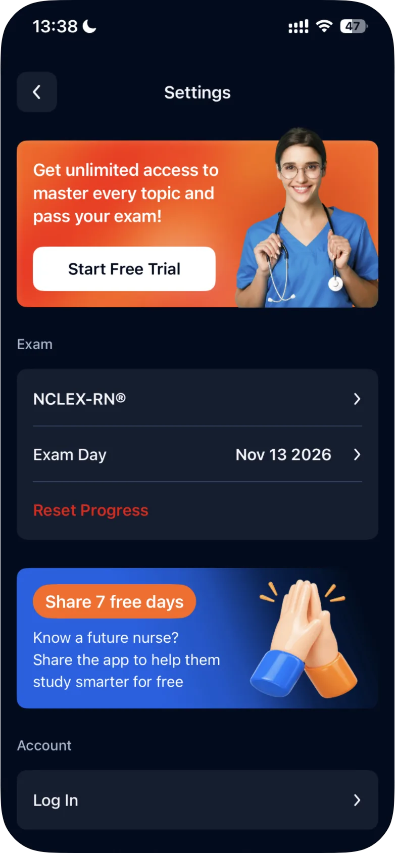 The app's Settings screen on iPhone: under Exam, the current exam (NCLEX-RN®), Exam Day and Reset Progress in red