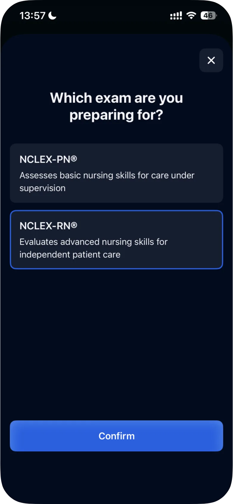 The "Which exam are you preparing for?" screen on iPhone: the NCLEX-PN® and NCLEX-RN® cards, NCLEX-RN® outlined as the current exam, and the Confirm button