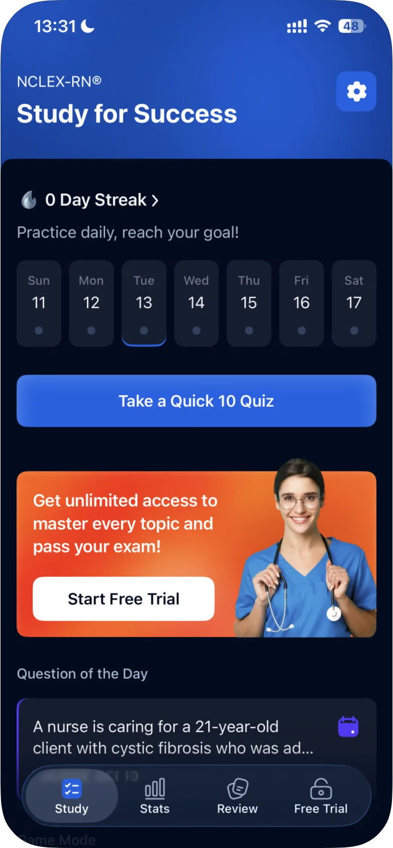 The Study tab on iPhone with the Take a Quick 10 Quiz button near the top