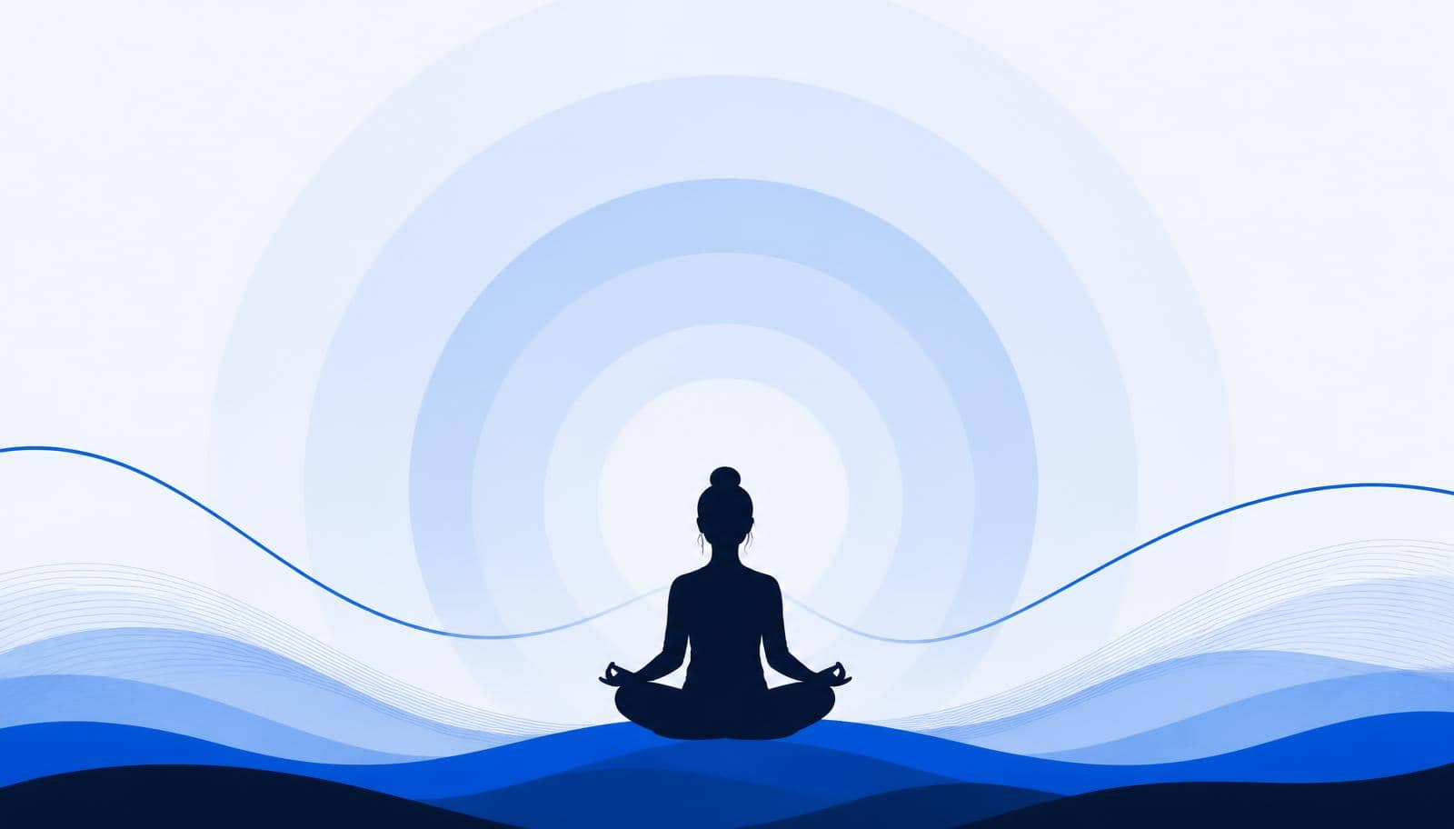 Silhouette of a person sitting calmly in meditation against soft blue waves.