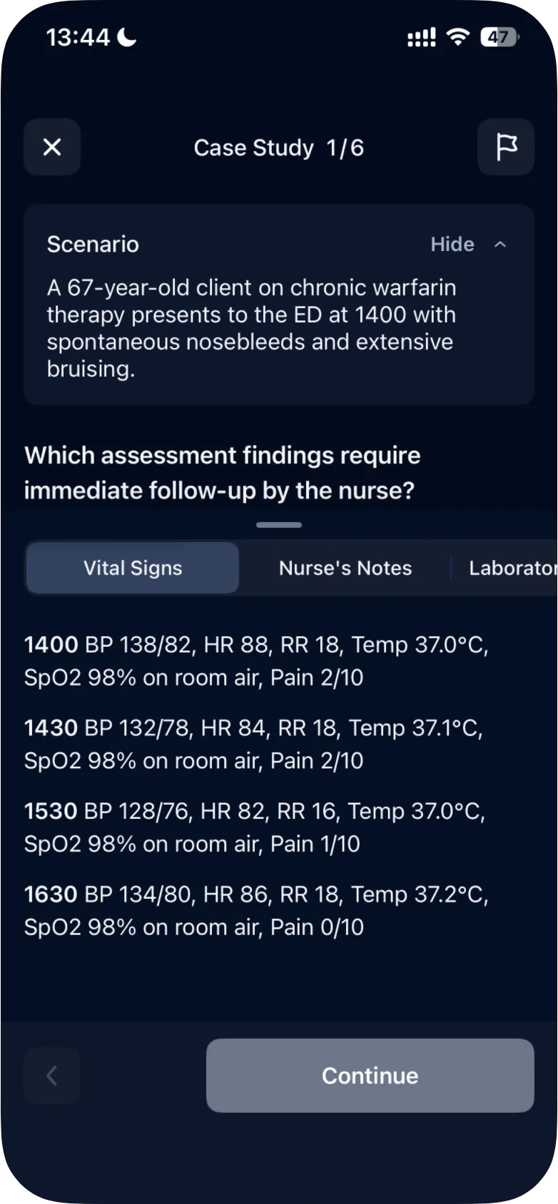 The sheet pulled up over the question, with the Vital Signs tab showing the client's vital signs at four times