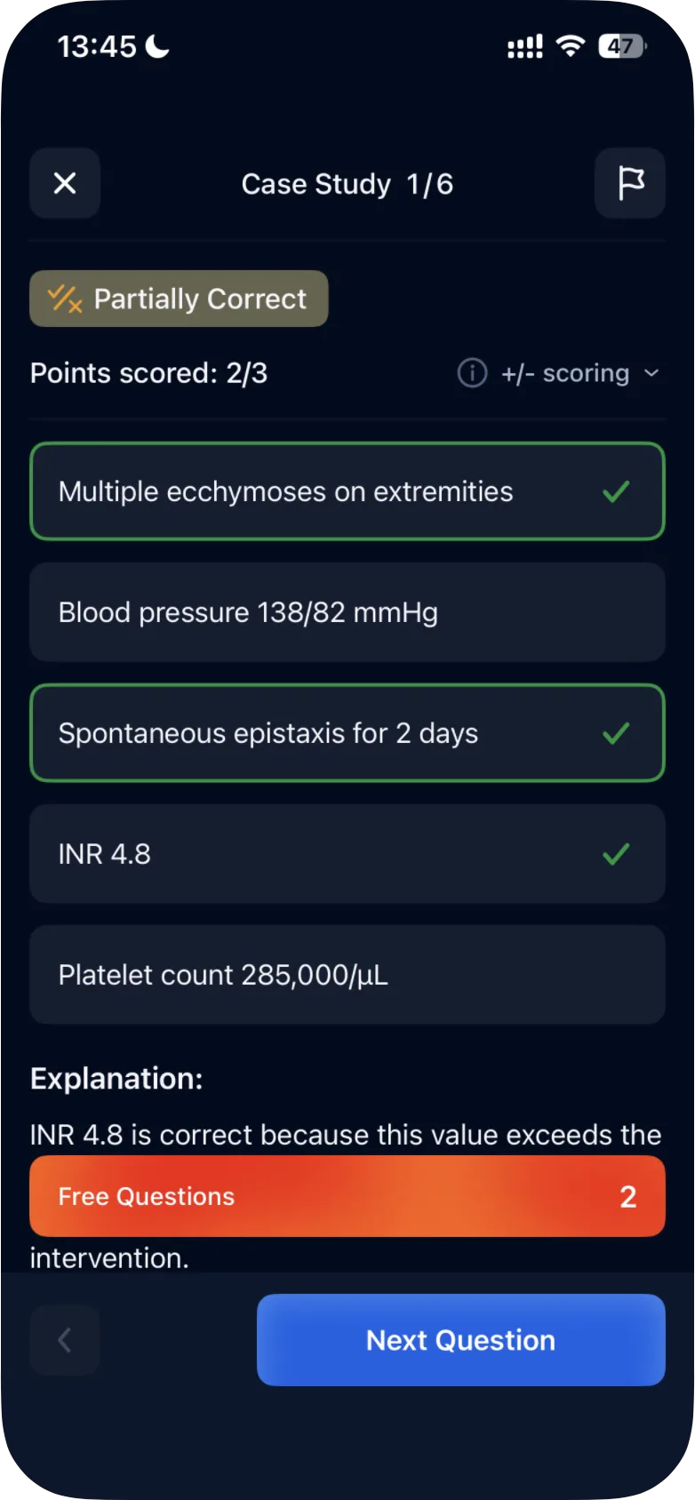 A Partially Correct answer showing Points scored 2/3 and the +/- scoring label, with the correct options marked and the start of the explanation