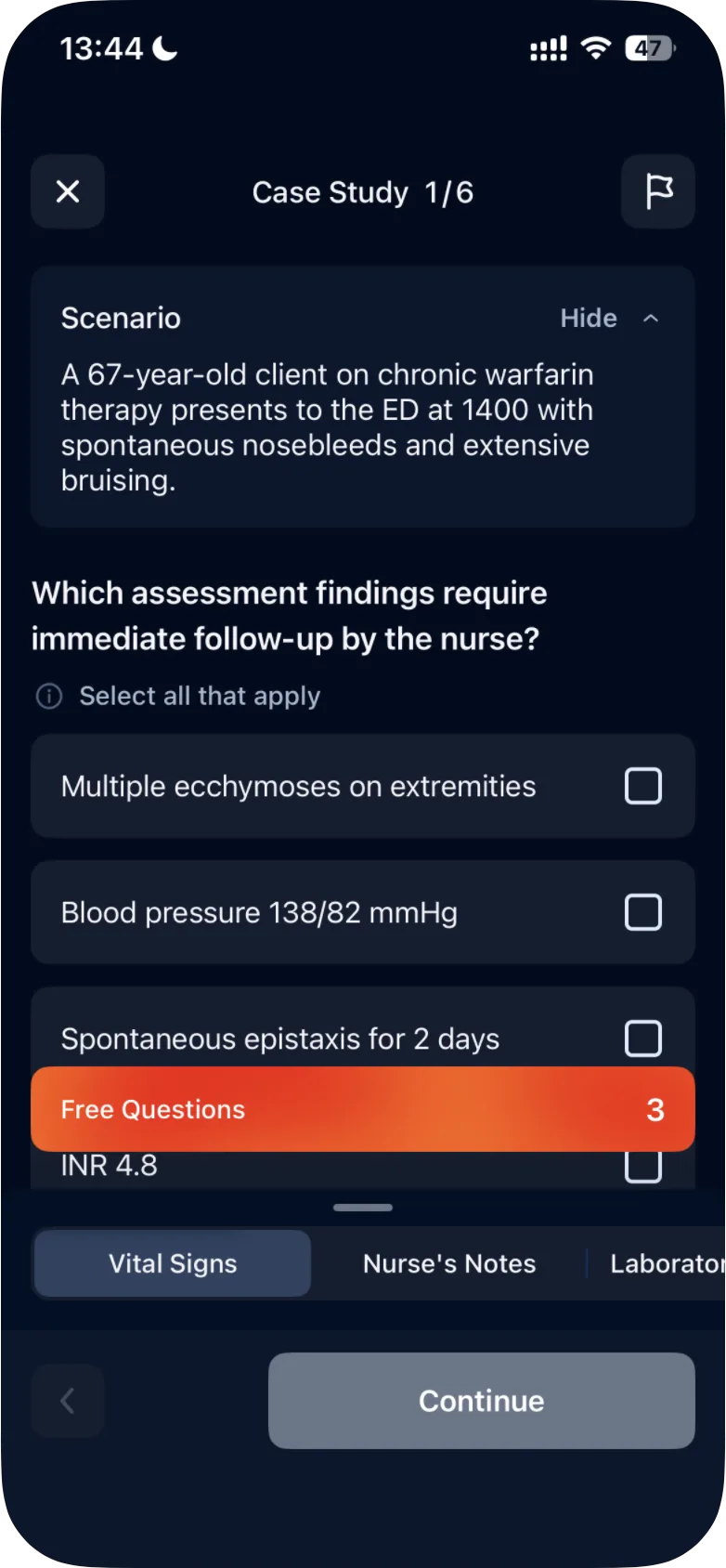 The first question of the Warfarin Toxicity case study: the Scenario at the top, a Select all that apply question, the Free Questions bar and, at the bottom, the tabs Vital Signs, Nurse's Notes and Laboratory, partly hidden at the right edge