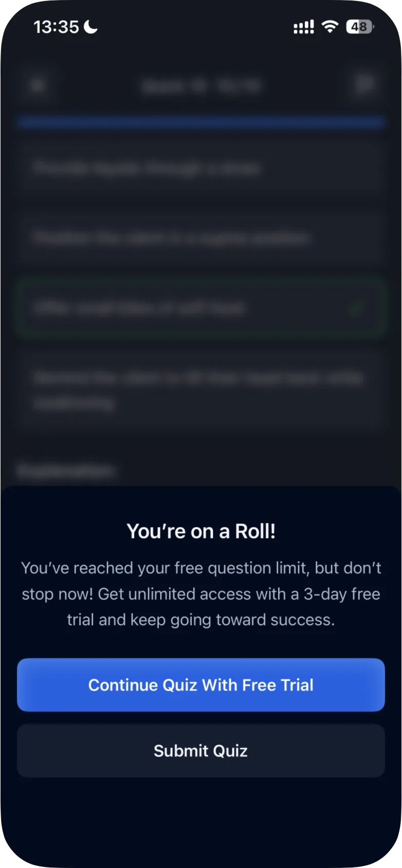 The You're on a Roll! message over a quiz question, with the buttons Continue Quiz With Free Trial and Submit Quiz