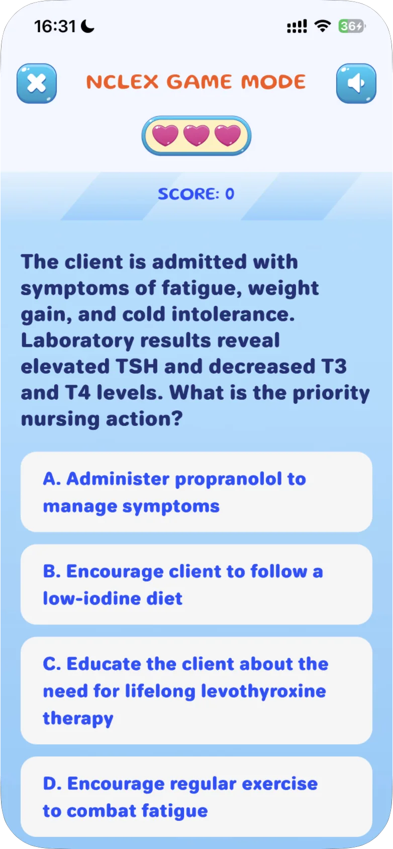 NCLEX GAME MODE with three hearts, SCORE: 0 and a question with the answers A to D