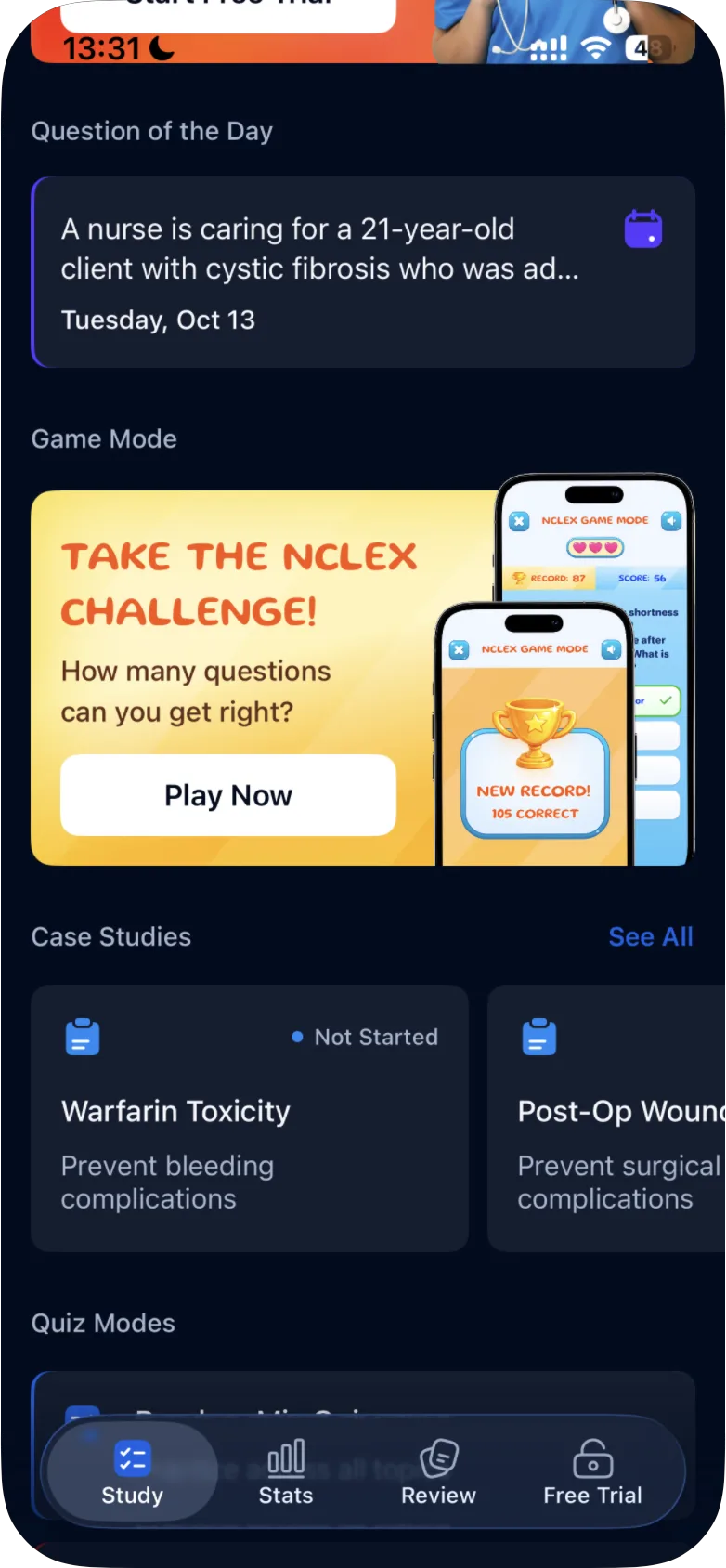The Study tab with the Question of the Day card, the Game Mode card with its Play Now button, and the first case study card, Warfarin Toxicity, marked Not Started