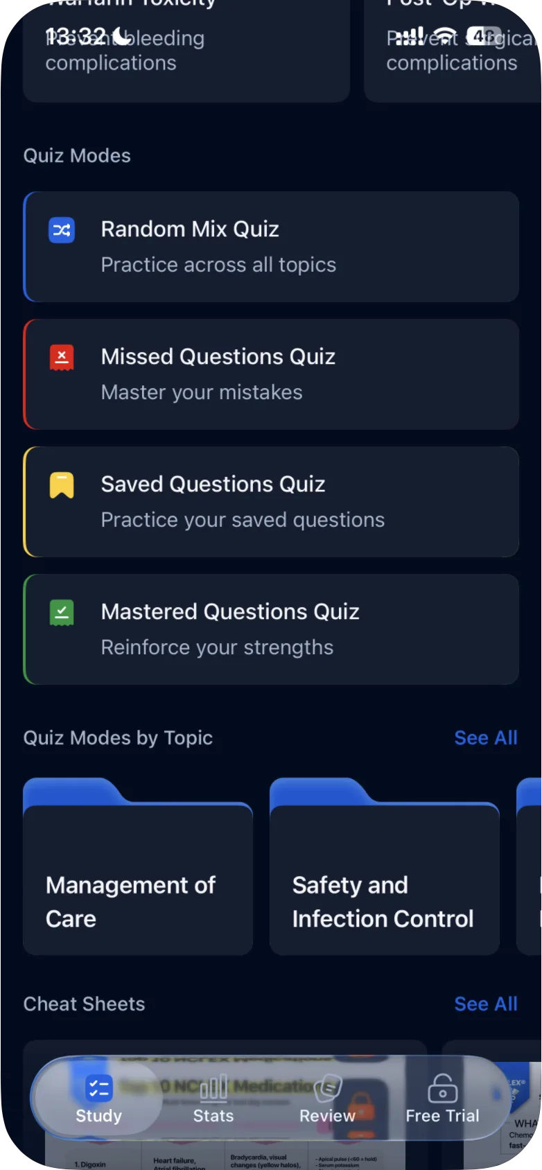 Further down the Study tab on iPhone: the four quiz modes, and Quiz Modes by Topic with its topic folders and See All