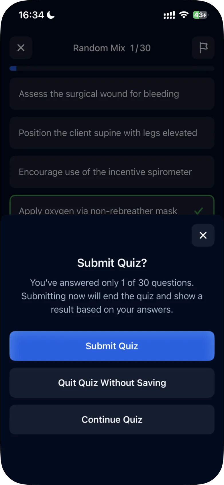 The Submit Quiz? sheet over a Random Mix question, with the buttons Submit Quiz, Quit Quiz Without Saving and Continue Quiz
