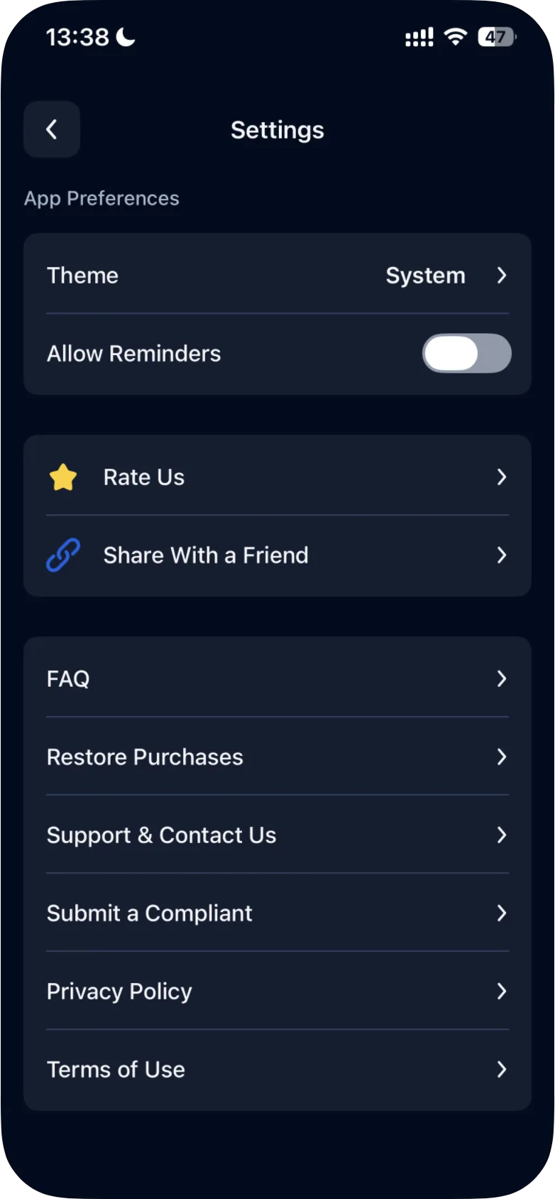 The lower part of Settings on iPhone: Theme and Allow Reminders under App Preferences, then links including FAQ, Restore Purchases, Support & Contact Us, Privacy Policy and Terms of Use