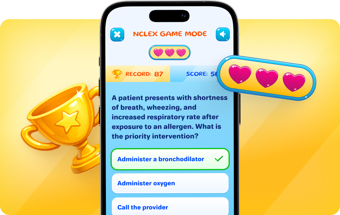 NCLEX-PN Game Mode for interactive exam preparation with points and lives in a mobile app