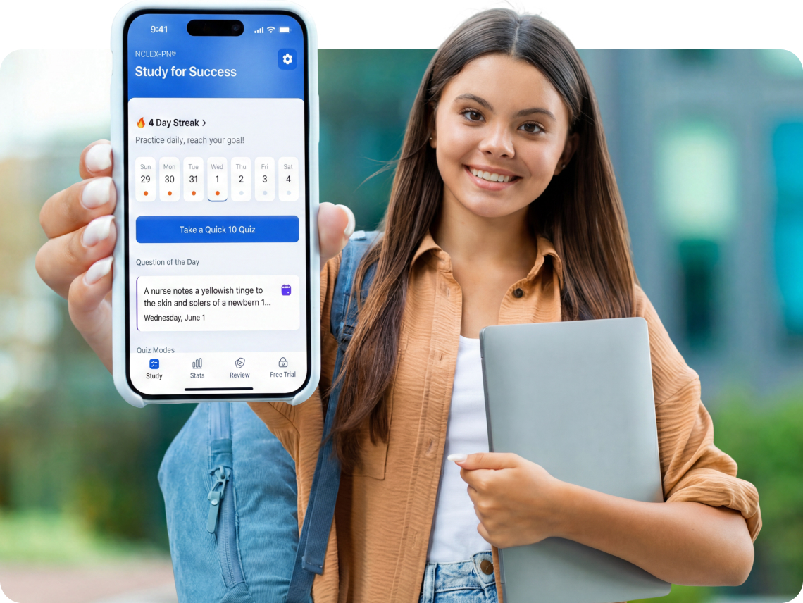 Young woman holding a phone with NCLEX-PN study app for on-the-go exam preparation
