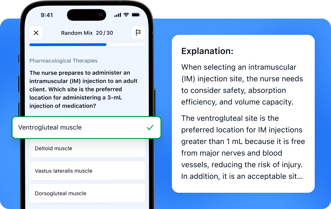 NCLEX-PN practice question with detailed answer rationale in a mobile app