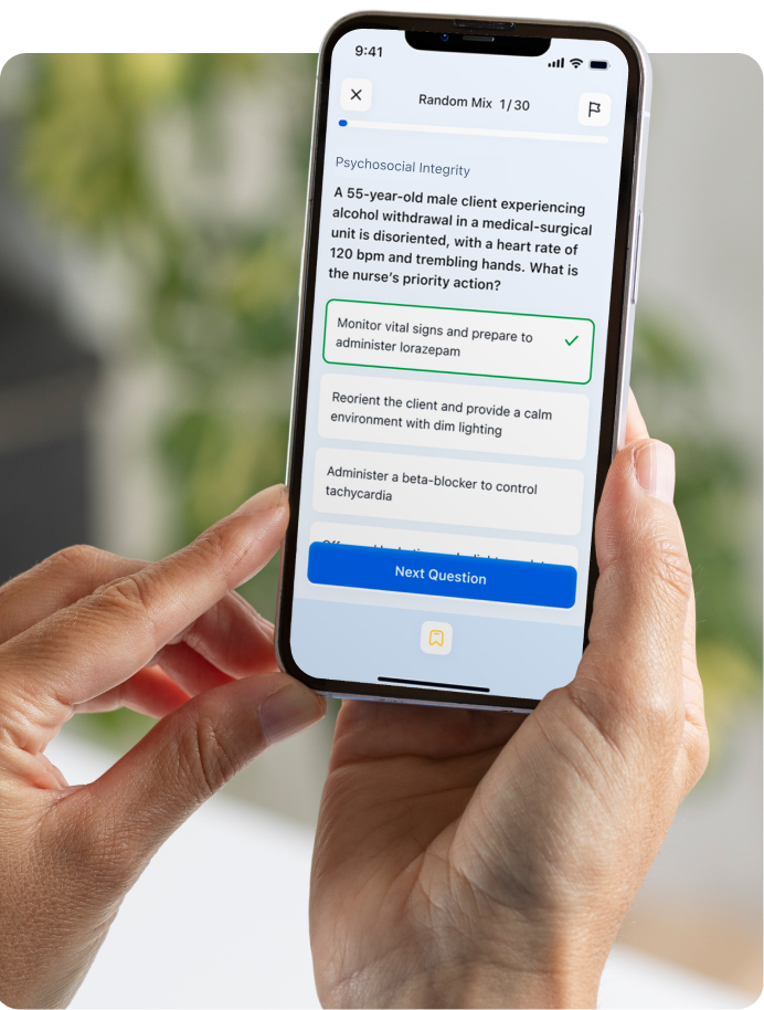 Mobile app screen showing an NCLEX-RN practice question in Random Mix quiz mode with multiple choice answers