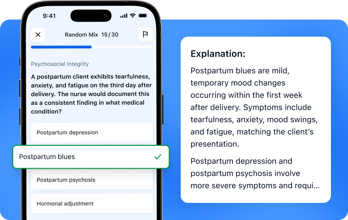 NCLEX-RN practice question with detailed answer rationale in a mobile app