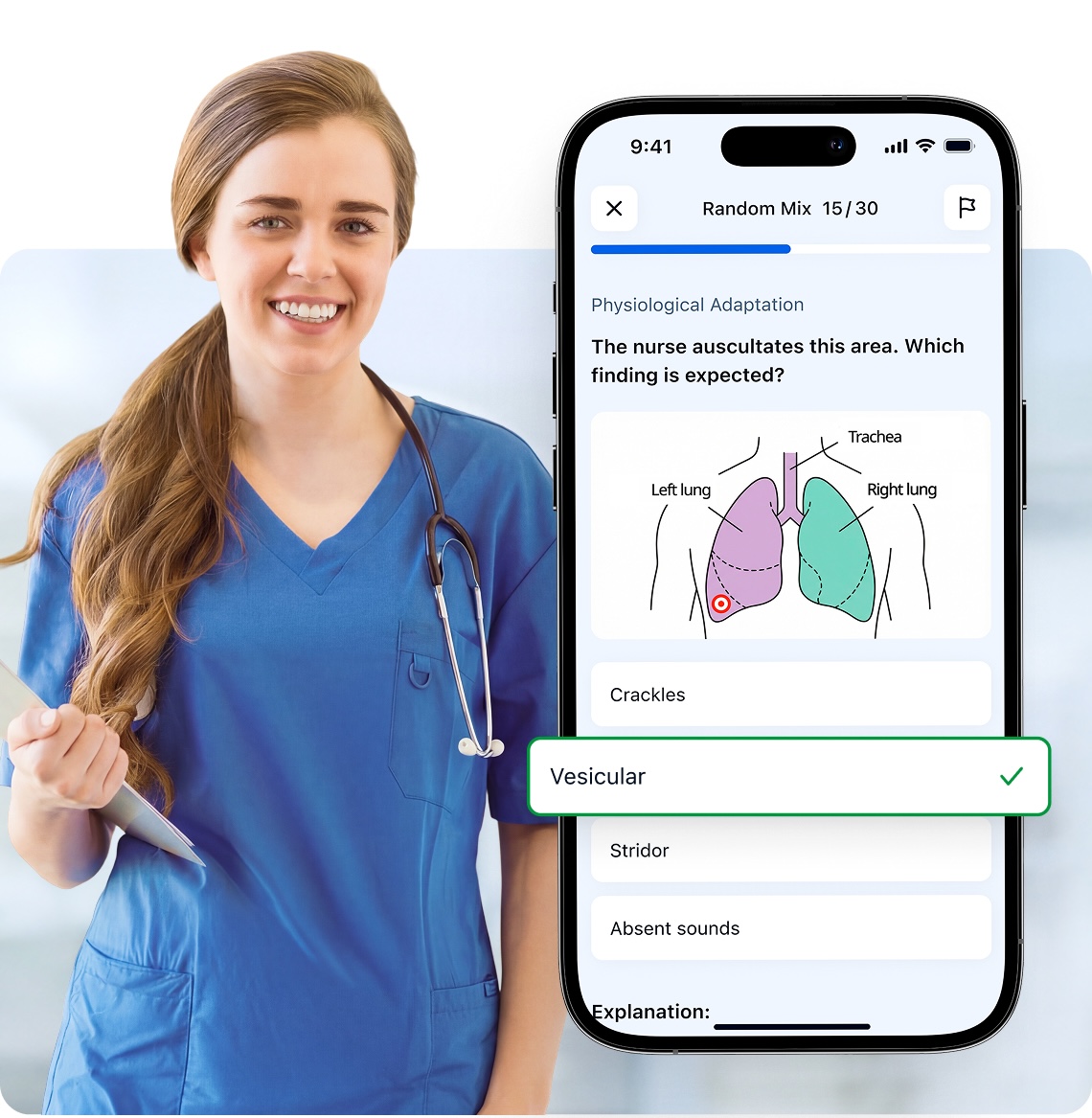 Nurse in blue scrubs next to a phone screen showing an NCLEX-PN practice question