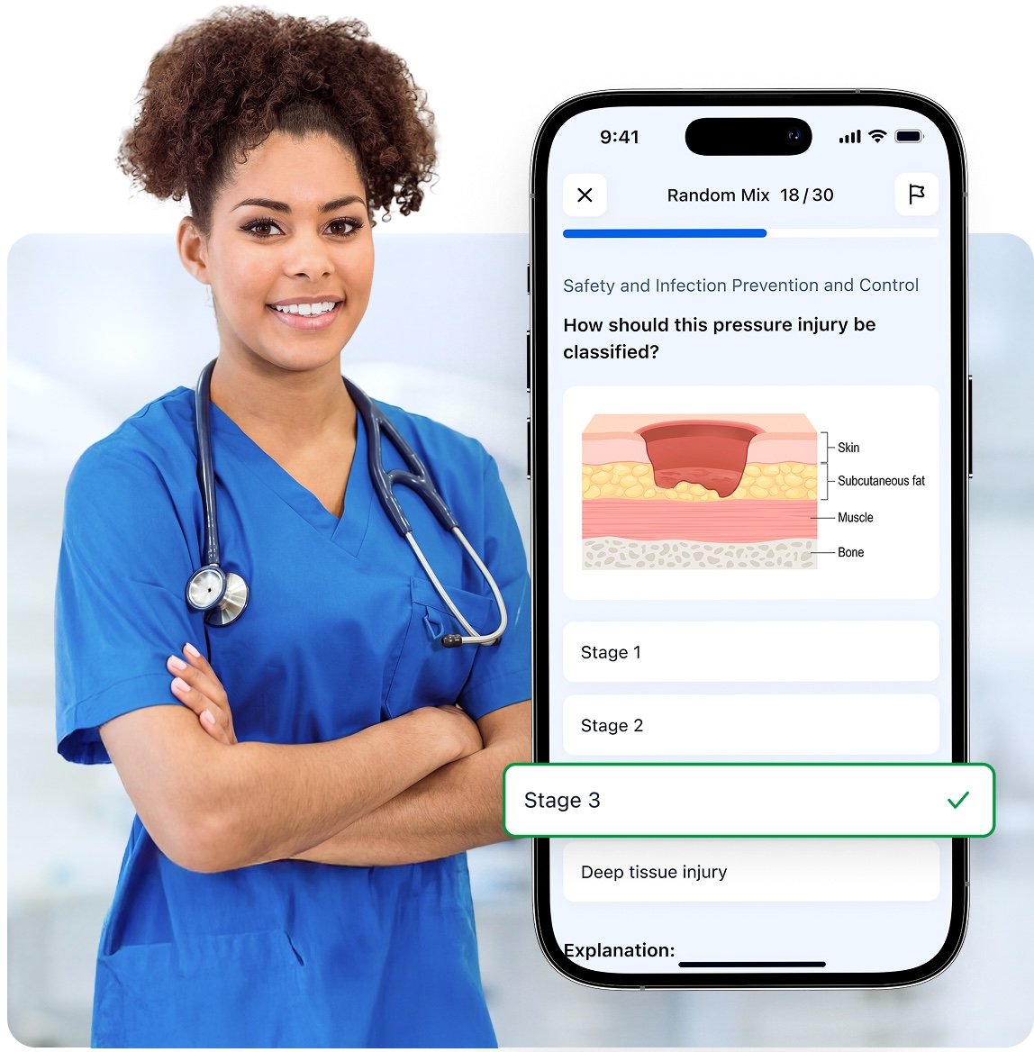 Nurse in blue scrubs next to a phone screen showing an NCLEX-RN practice question